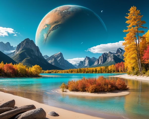Tranquil River and Autumn Trees with Colorful Planet