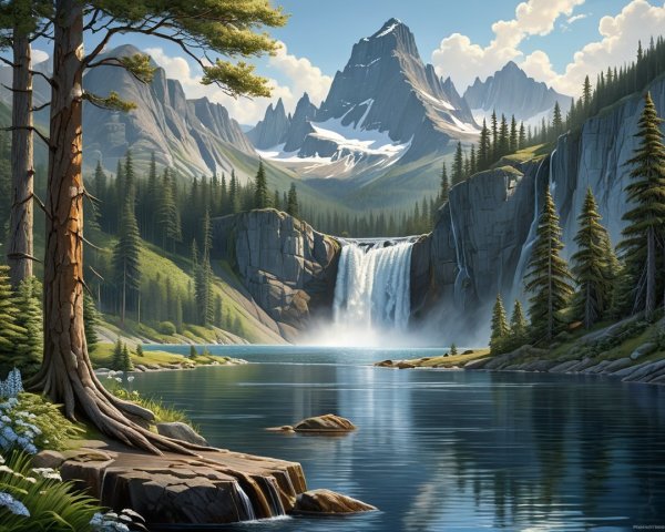 Majestic waterfall cascading into a clear lake landscape