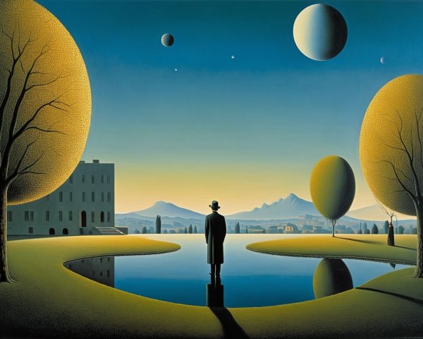 Surreal Landscape with Pond and Celestial Bodies