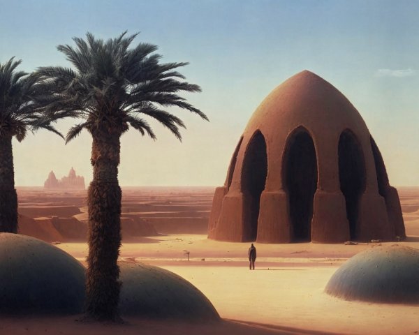 Desert Landscape with Dome Structure and Solitary Figure