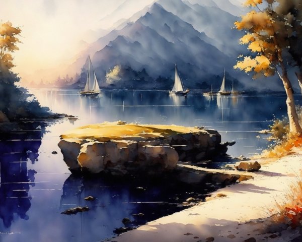 Serene Lakeside Scene with Boats and Autumn Trees