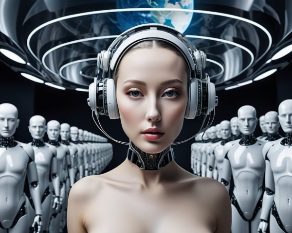 Futuristic Scene of Humanoid and Robot Beings