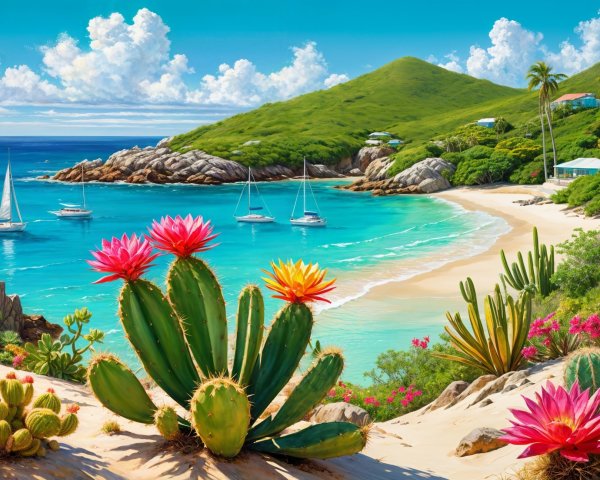 Vibrant Tropical Beach with Turquoise Waters and Hills