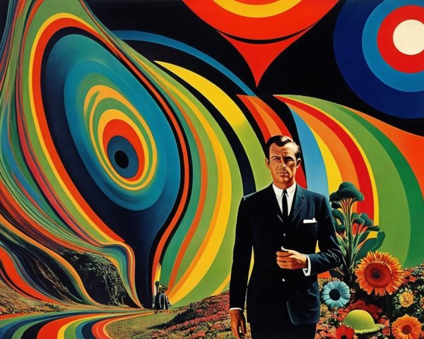 Stylized Figure in Suit Against Abstract Colorful Background