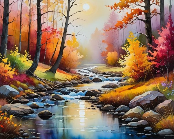 Autumn Landscape with Vibrant Trees and Stream