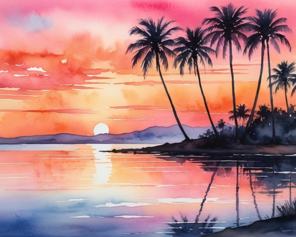 Serene Sunset Over Tranquil Water with Palm Trees