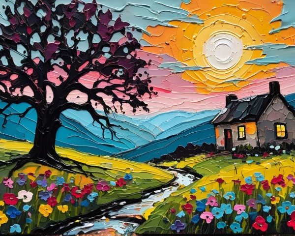 Vibrant Landscape with Sunset, Cottage, and Stream