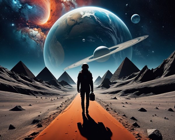 Astronaut Walking on Glowing Path in Surreal Desert