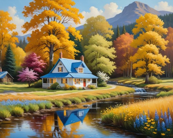 Autumn Landscape with White House and Stream