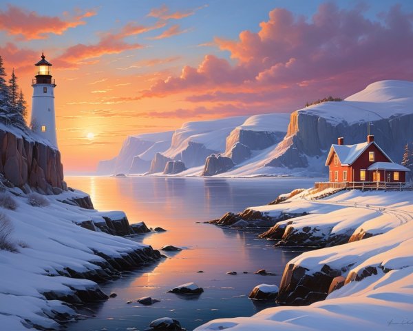 Winter Landscape with Sunset, Snow, and River