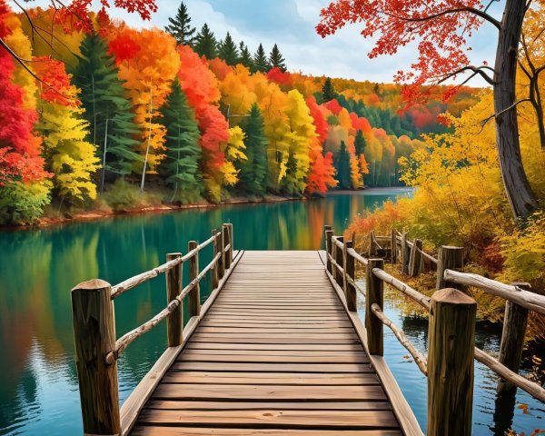 Wooden dock on tranquil lake with vibrant fall foliage