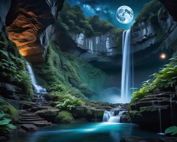 Dramatic Digital Painting of a Nighttime Waterfall Scene
