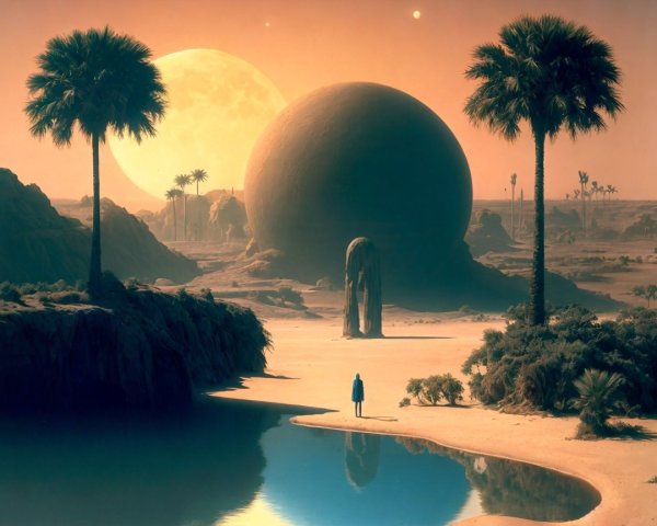 Surreal Landscape with Palm Trees and Celestial Bodies