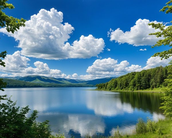 Tranquil Lake Surrounded by Lush Greenery and Hills