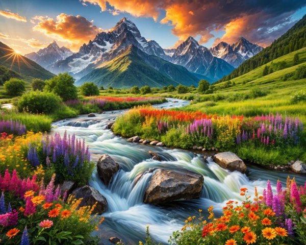 Vibrant River Through Lush Meadows and Mountains