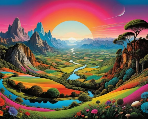 Vibrant Landscape with Mountains and Colorful Valley