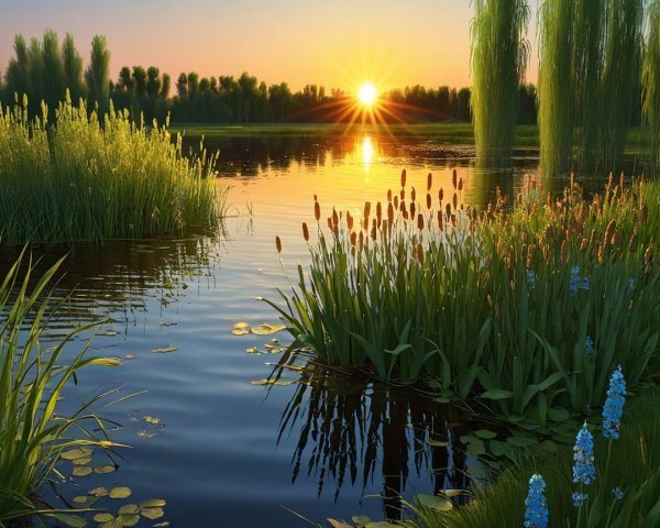 Serene Sunrise Landscape with Tranquil Lake and Flora