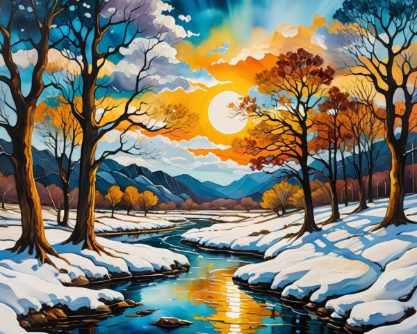 Vibrant Landscape with River and Snowy Terrain