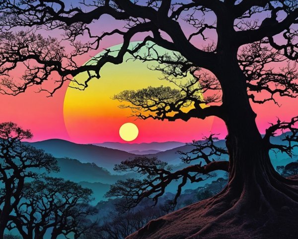 Vibrant Sunset Over Hills with Silhouetted Tree