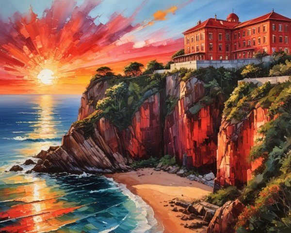 Coastal Sunset with Red Cliff and Grand Building