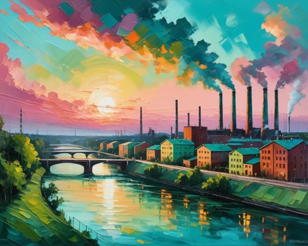 Vibrant Sunset Over an Industrial Landscape and River