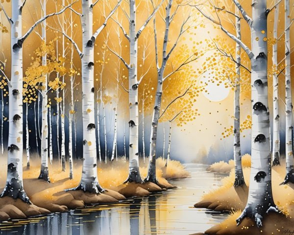 Serene Landscape of Birch Trees and Autumn Sunset