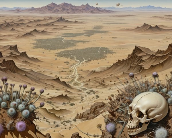 Arid Landscape with Skull and Purple Flora Details