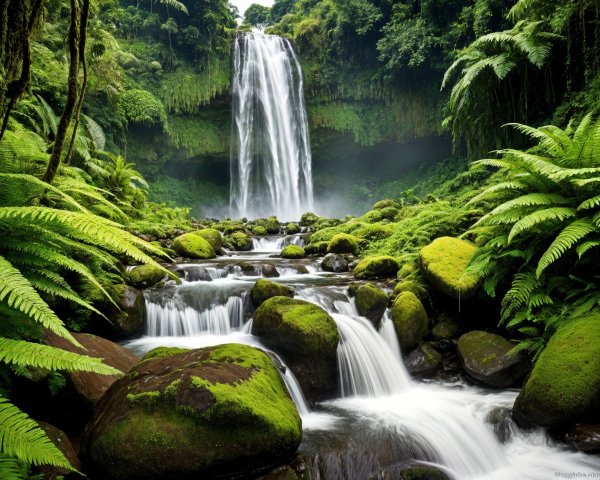 Waterfall Cascading Down Lush Green Cliff with Foliage