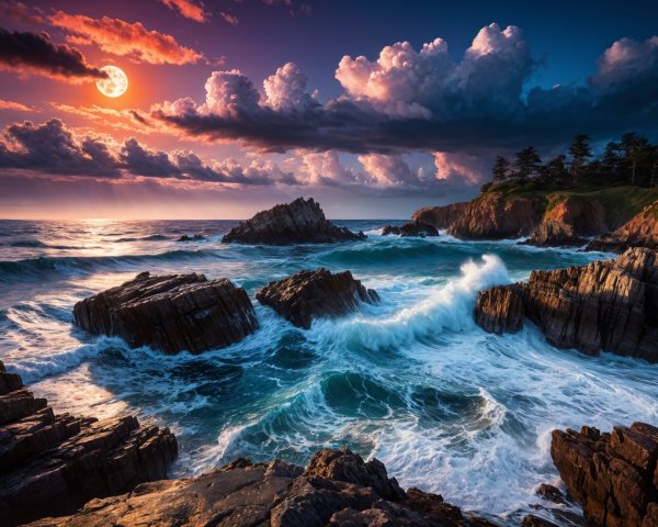 Coastal Sunset Scene with Rugged Rocks and Waves