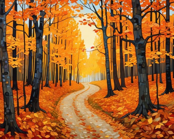 Autumn Forest Path with Colorful Leaves and Light