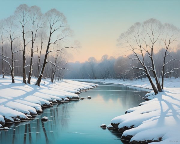 Serene Winter Landscape with Calm River and Snow