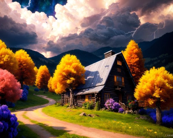 Log Cabin Surrounded by Autumn Trees and Flowers