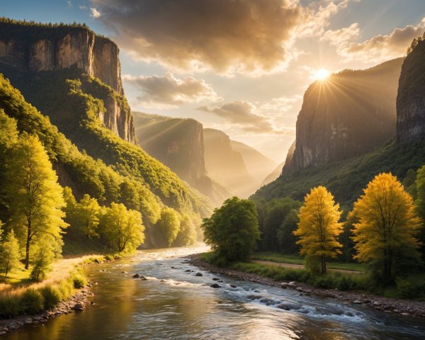 Serene Landscape with Winding River and Autumn Trees