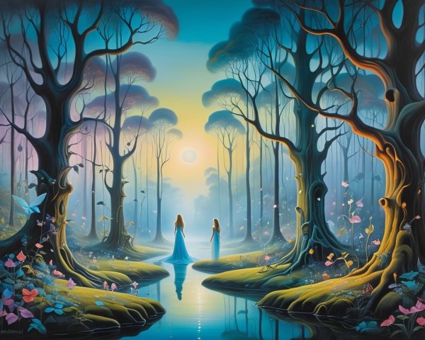 Ethereal Forest Scene with Vibrant Colors and Water Reflection