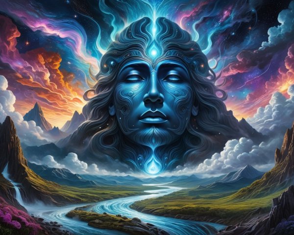 Ethereal Blue Figure Over Cosmic Landscape Scene