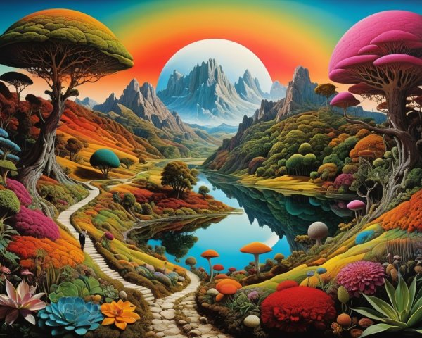 Surreal Landscape with Colorful Mushrooms and Trees