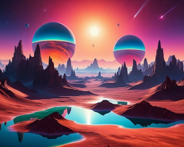 Surreal Alien Landscape with Colorful Celestial Bodies