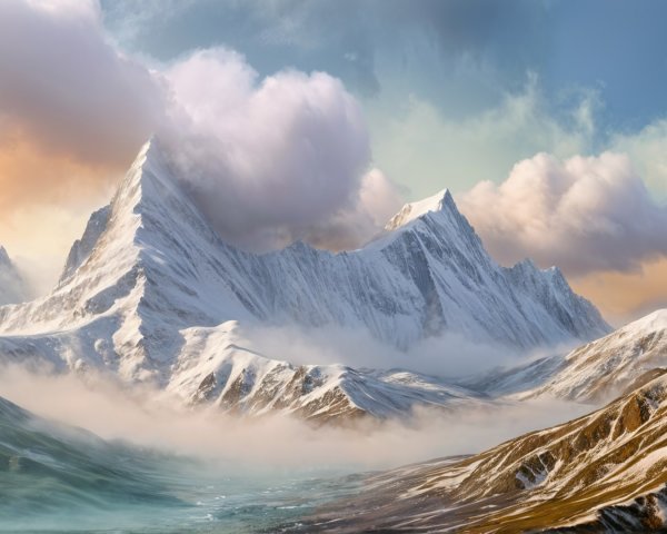 Mountain Landscape with Snow-Capped Peaks at Sunset