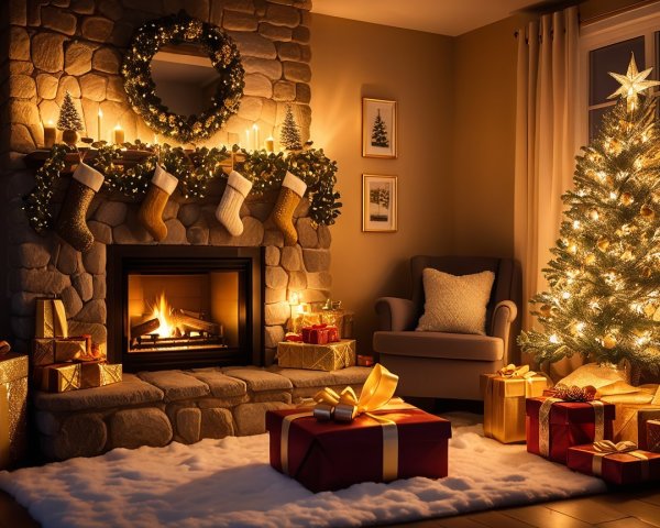 Christmas Decorated Room with Fireplace and Tree