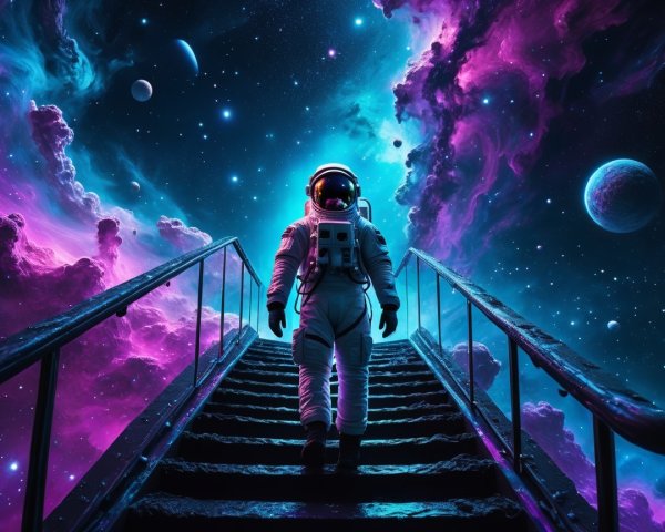 Astronaut Climbing Steps in Cosmic Nebula Background