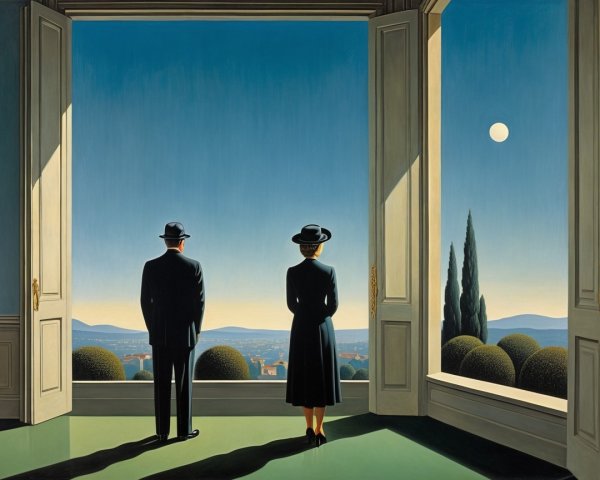 Couple on Balcony Overlooking Serene Landscape Scene