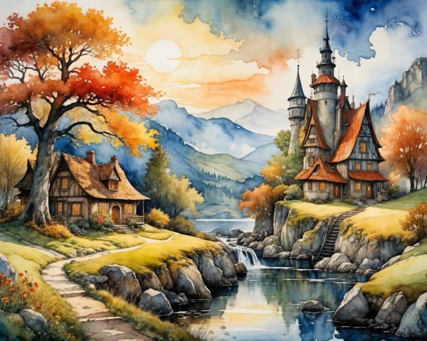 Charming Cottage and Castle in Autumn Landscape