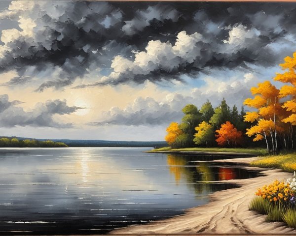 Tranquil Lake Landscape with Autumn Trees and Wildflowers