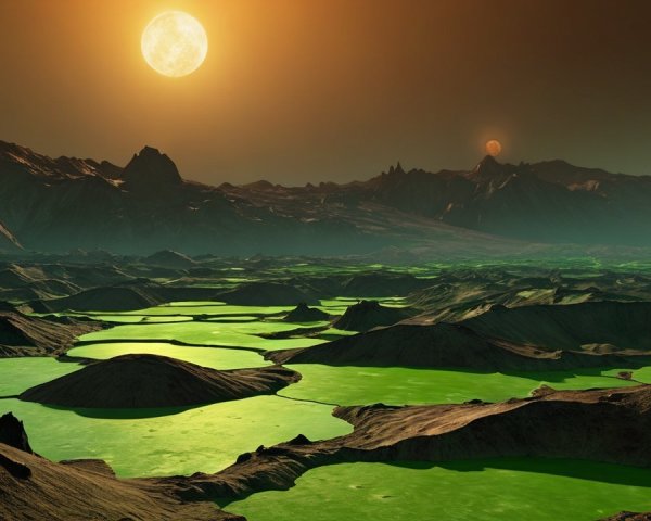 Surreal Alien Landscape with Two Suns and Green Pools