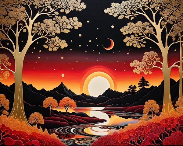 Golden Trees and Sunset Over Serene Mountains and River