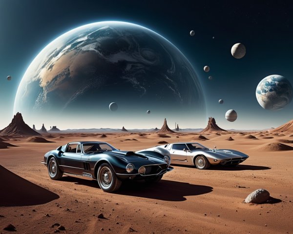 Vintage Sports Cars on a Martian Landscape