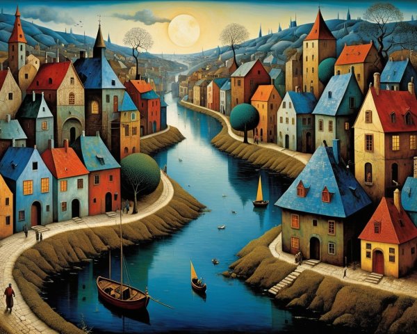 Picturesque village with colorful houses by a river