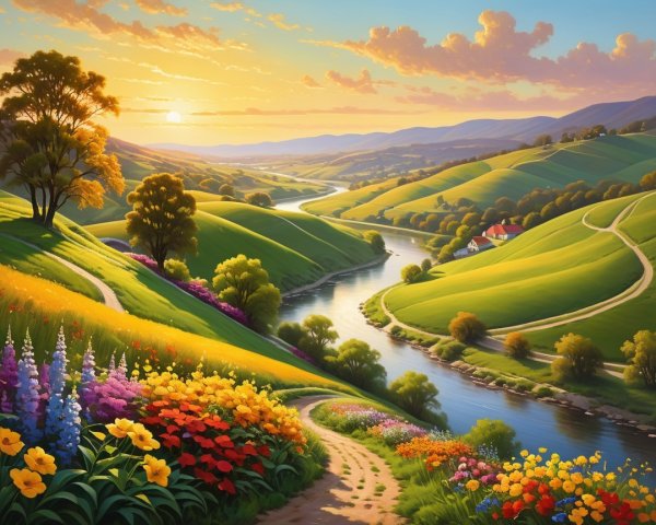 Rolling Hills and River at Sunrise with Colorful Flowers