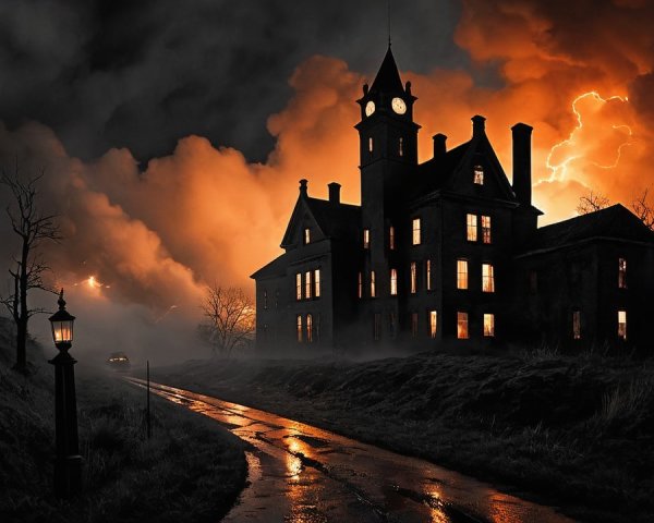 Ominous Mansion Amidst Dark Clouds and Lightning