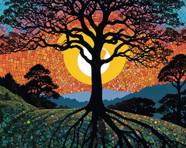 Vibrant Stained-Glass Tree Against Bold Sunset